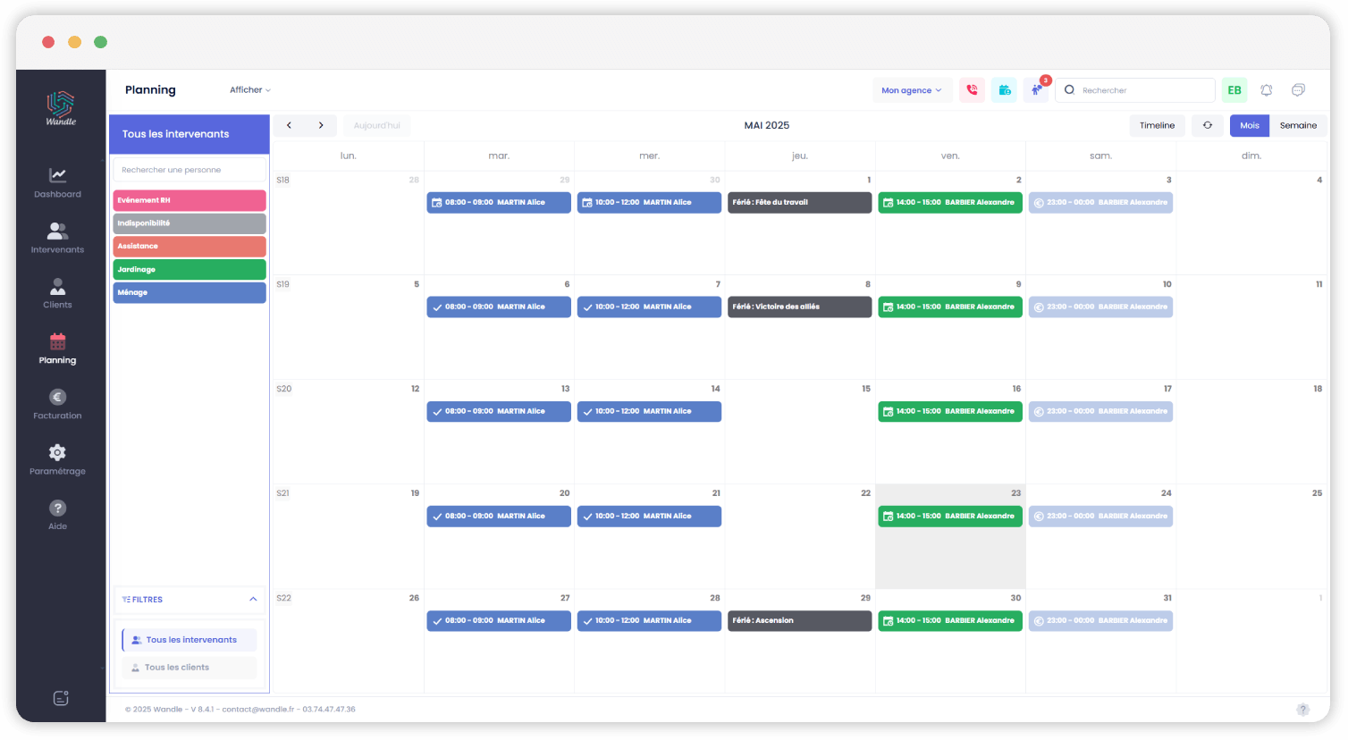 Interface du planning Wandle sur ordinateur
